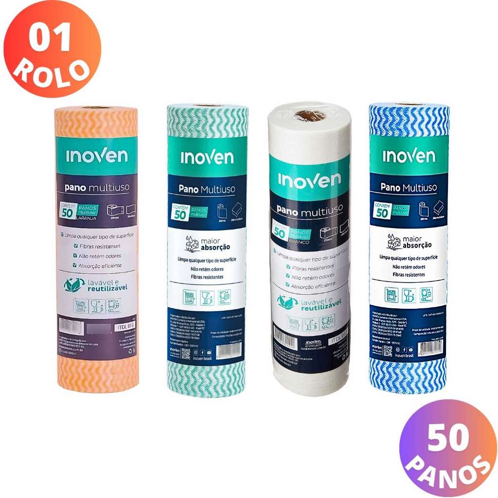 1 Rolo Com 50 Panos Pano Tipo Perfex Multiuso Limpeza Varias Cores Higiene 28X50Cm