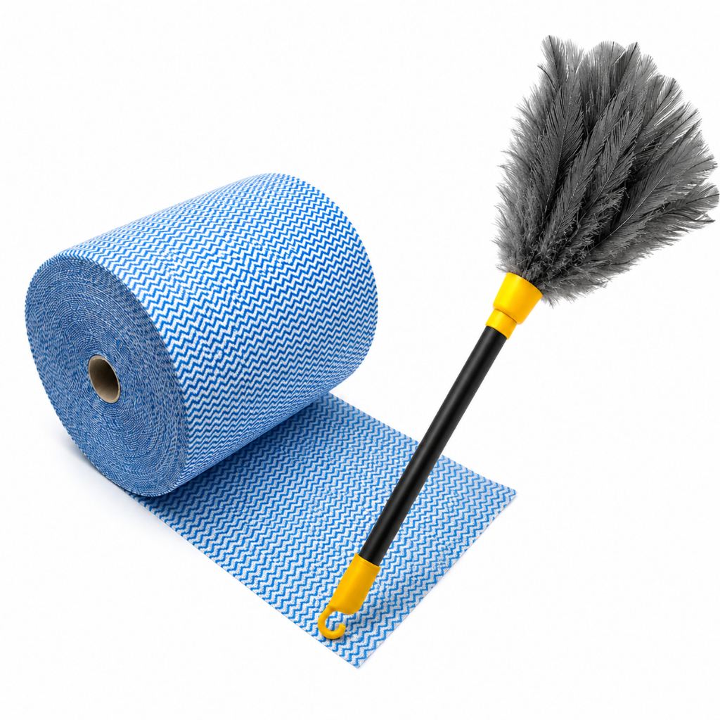 Kit Limpeza Com Espanador de Pena + Pano Multiuso Tipo Perfex 600 Unidades