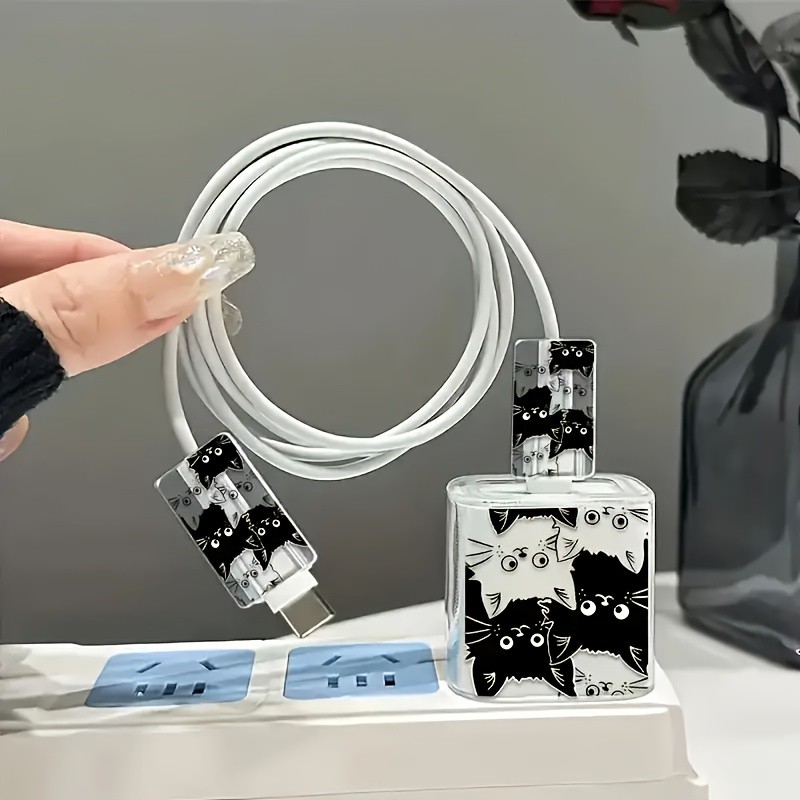 3 Pçs Bonito Preto E Branco Gato Conjunto Carregador Caso Protetor Para iPhone 20W/18W Cabeça De Carregamento Cabo Dados