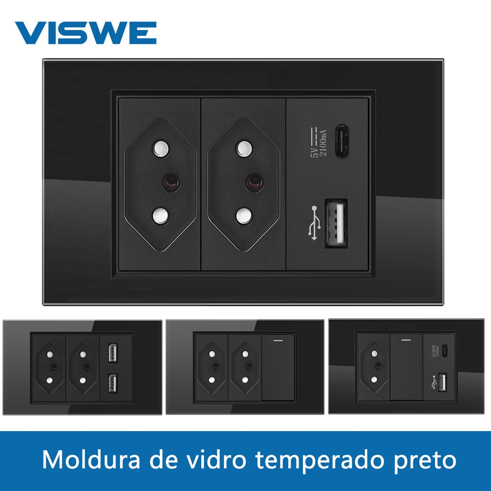 VISWE Tomada de Parede Padrão 10A 20A USB Type C 20W Carregamento Rápido Material de Vidro Preto