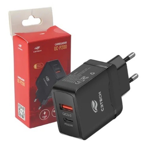 Carregador de Tomada USB PD 20W 2xUSB USB-A/USB-C 5V 9V 12V Preto C3Tech - UC-P200BK