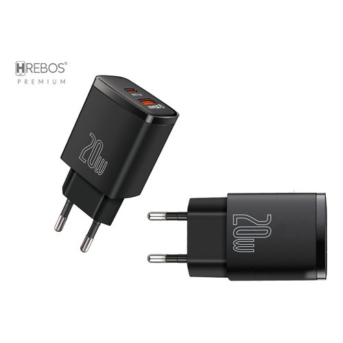 03 Carregador Hrebos 20w Usb + Usb-c Preto Atacado