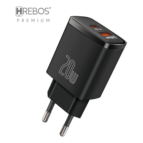 Carregador Hrebos 20w + Usb + Usb-c Preto Atacado