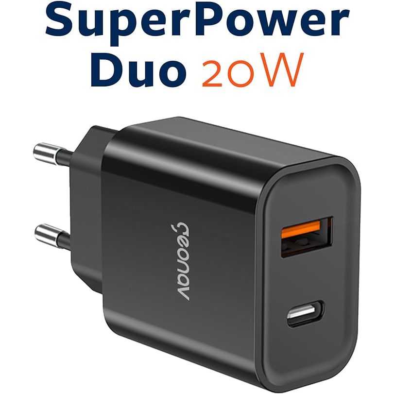 Geonav Carregador Universal Ultra Rápido SuperPowerDuo, 1 X USB-C Power Delivery 20W, 1 X USB Quick Charge 18W, Preto