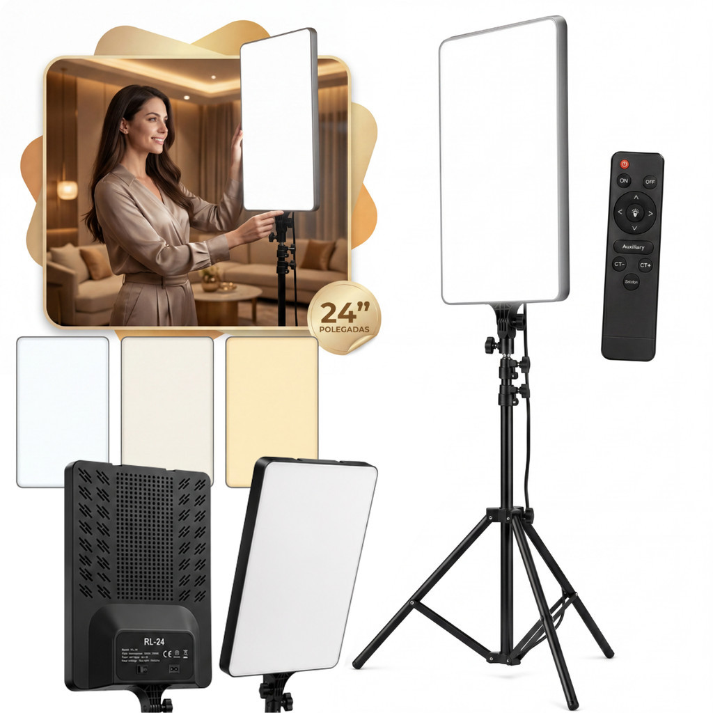 Kit Ring Light Quadrada 24 Pol Iluminador Profissional Bivolt Tripé 2,1m Para Foto Vídeo Live