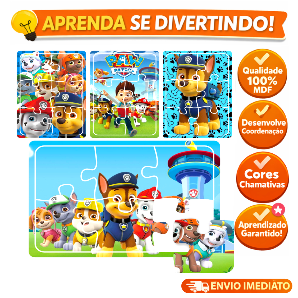 Kit 4 Jogos Quebra Cabeça Educativo Infantil Patrulha Canina em madeira para Meninos