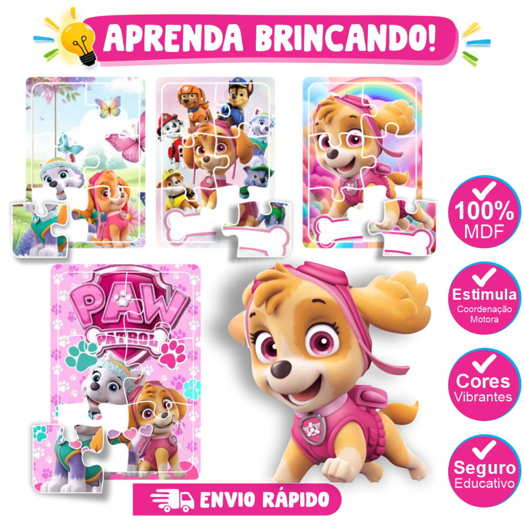 Kit 4 Quebra Cabeça em Mdf 6 Peças Jogo Pedagógico Infantil Lúdico Educativo Patrulha Canina para menina
