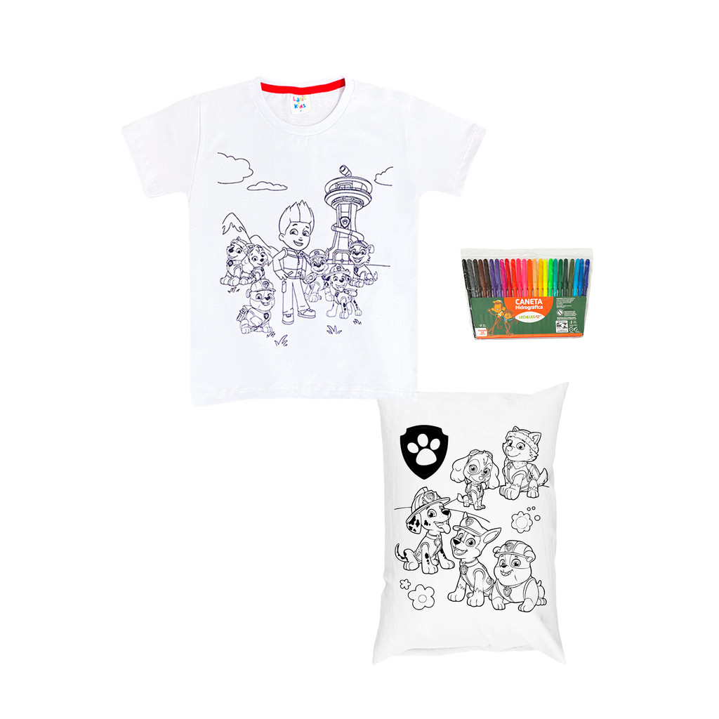 Kit Infantil Pinte e Lave Patrulha Canina - Camiseta + Almofada + Canetinhas 24 Cores - Latic Kids