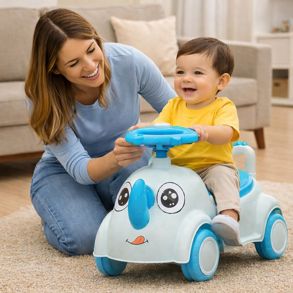 Andador Infantil Motorizado Estilo Rinoceronte Azul Estimulacao Desenvolvimento Motor Seguro