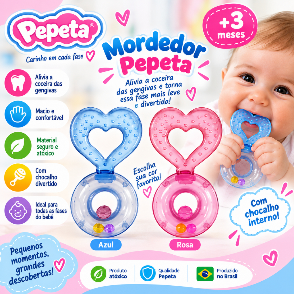 Mordedor com Chocalho Coração Pepeta Estimulação Sensorial Conforto Bebê Lúdico Seguro Livre de BPA Infantil