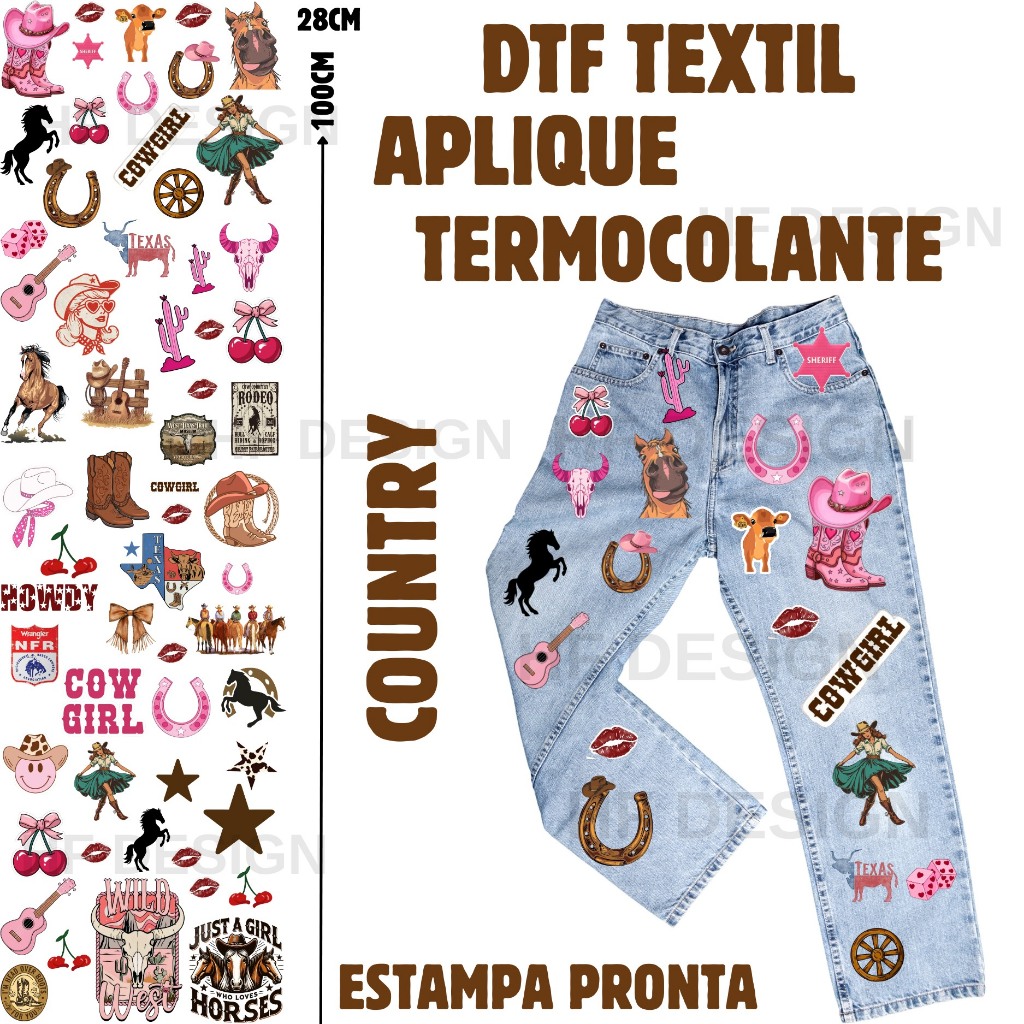 Aplique Country Termocolante DTF Textil Estampa Pronta Para Tecidos Ref:849 24hs