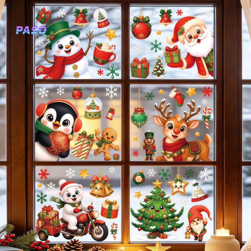Cute Cartoon Glass Adhesives 6pcs Christmas Window Clings – Reusable Santa Snowman Penguin Reindeer Static Decals No G