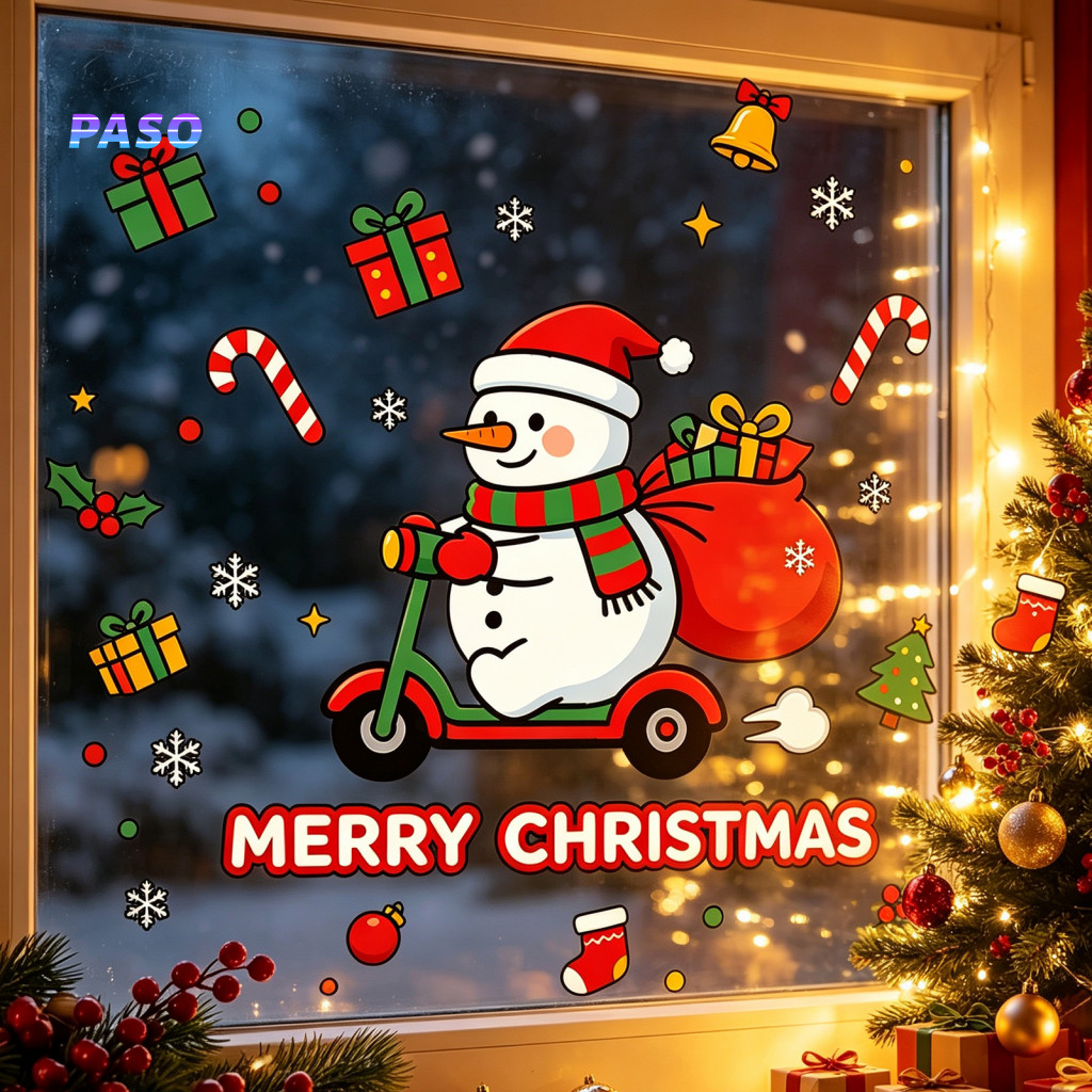 Christmas Window Clings Party Supplies Cute Snowman Scooter Cling Waterproof Cartoon Xmas Glass Decal Sticker for Home f