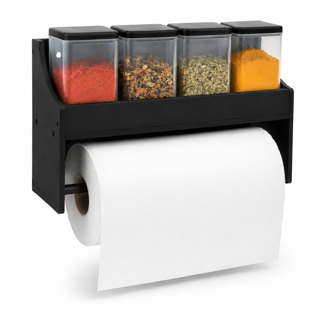 Suporte Porta Condimentos MDF Preto Papel Toalha Cozinha Organizador Parede Bancada Decorativo