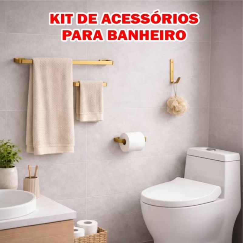 Kit Acessórios Para Banheiro Dourado 4 Peças Porta Toalha Rosto Banho Papel Higiênico Gancho