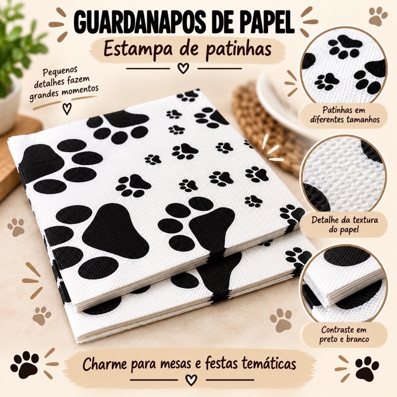 Guardanapo de Papel Pet Cachorro Patinhas Estampado Preto e Branco Folha Dupla Descartável 33x33cm Decorativo