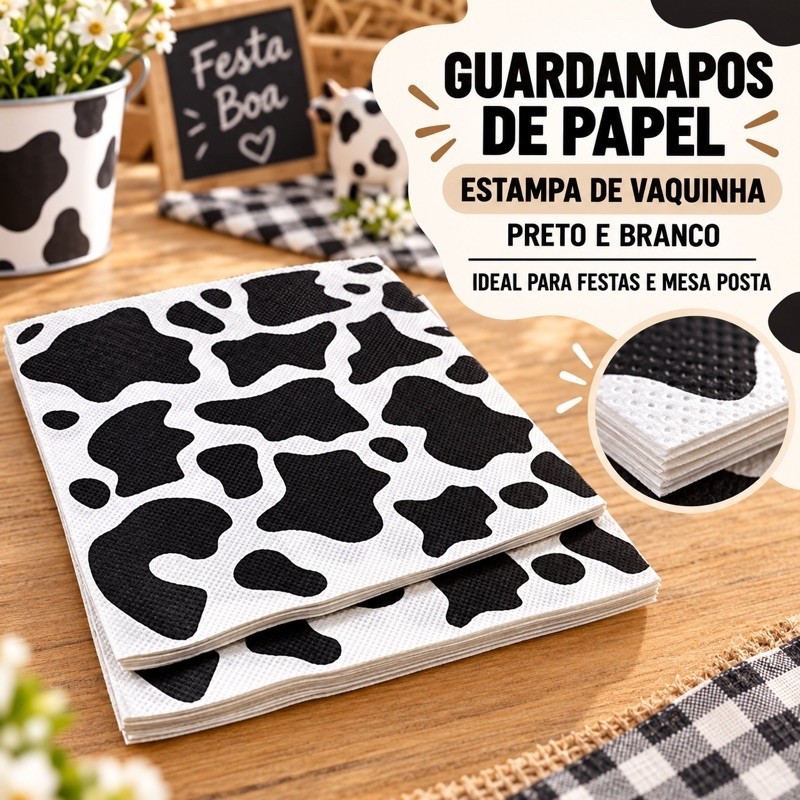 Guardanapo de Papel Vaca Estampado Preto e Branco Folha Dupla Descartável 33x33cm Decorativo Fazendinha