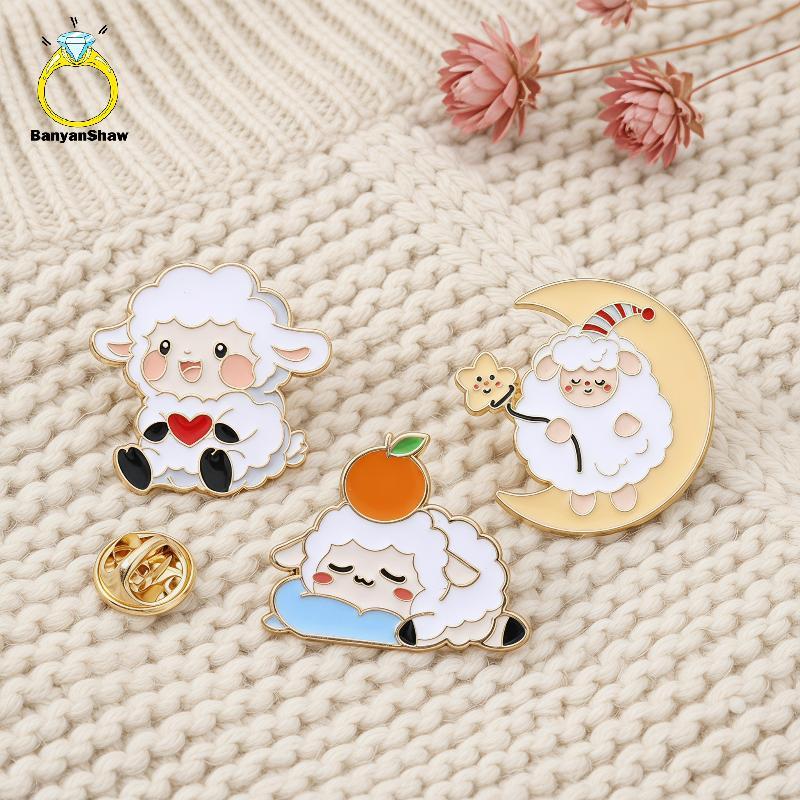 [BANY] 1 Peça Broche Esmaltado De Ovelha Fofo Banhado A Ouro De Desenho Animado Para Bapas Jaets Chapéus Bolsas Decoraçã