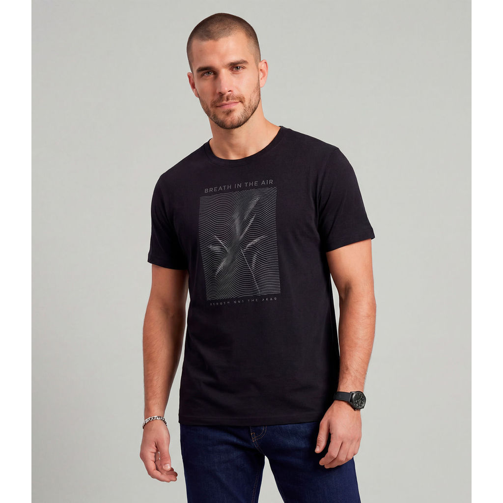 Camiseta Masculina Meia Malha Com Estampa Diametro Preto