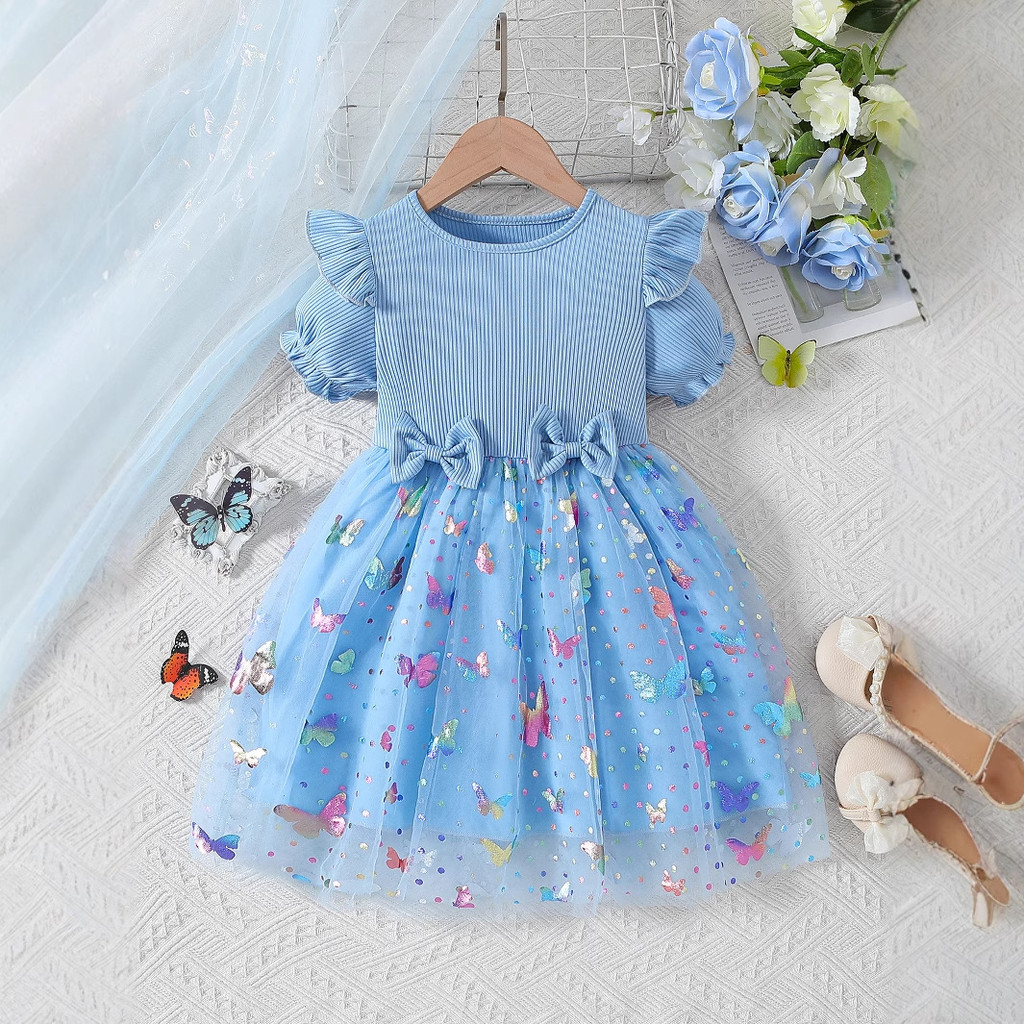 Verão novo estilo meninas doce flor malha de manga curta pequeno vestido de manga voadora crianças saia linha A na moda