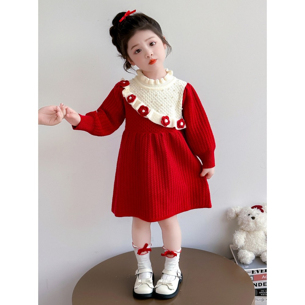 Crianças camisola de malha saia longa 2026 outono inverno novo estilo meninas artesanal vestido flor inverno doce vestid