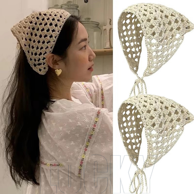 Lenço Triangular Oco De Malha De Algodão Coreano-Acessórios De Cabelo Estilo INS-De Renda Com Flores Bege-Elegante Doce