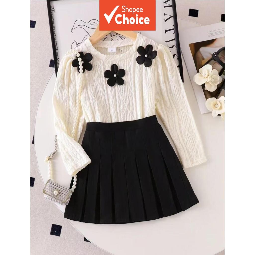 Camisola de malha com flores tridimensionais estilo coreano + saia plissada de cintura alta, conjunto de duas peças de