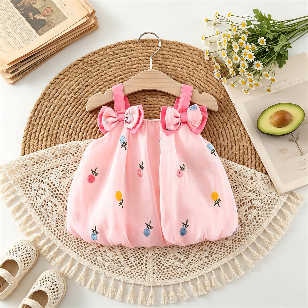 2026 novo estilo verão vestido de malha flor bordado bebê menina estilingue arco Pettiskirt moda crianças Outing roupas