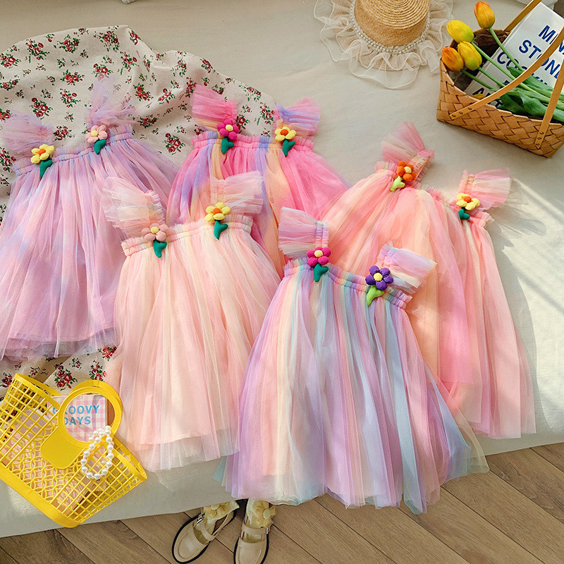 [Estoque Pronto] ins Roupas Infantis Vestido De Malha Arco-Íris Para Meninas 26 Estilo Verão Com Mangas Esvoaçantes Flor