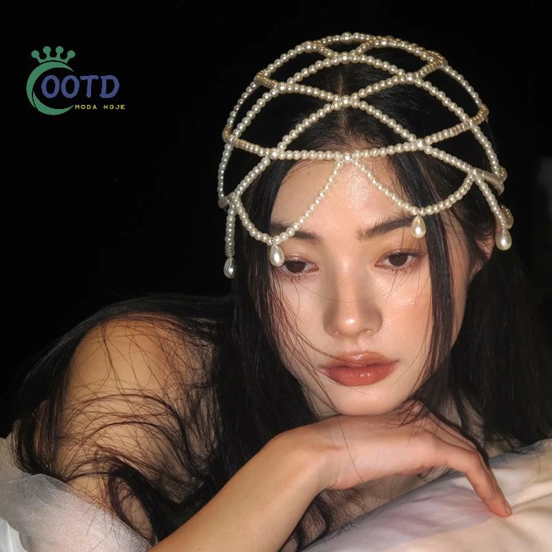 Moda Hoje Elegante Pérolas Tecer Chapéu Retro Malha Cocar Imitação Pérola Testa Corrente Headpiece Requintado Noiva Aces