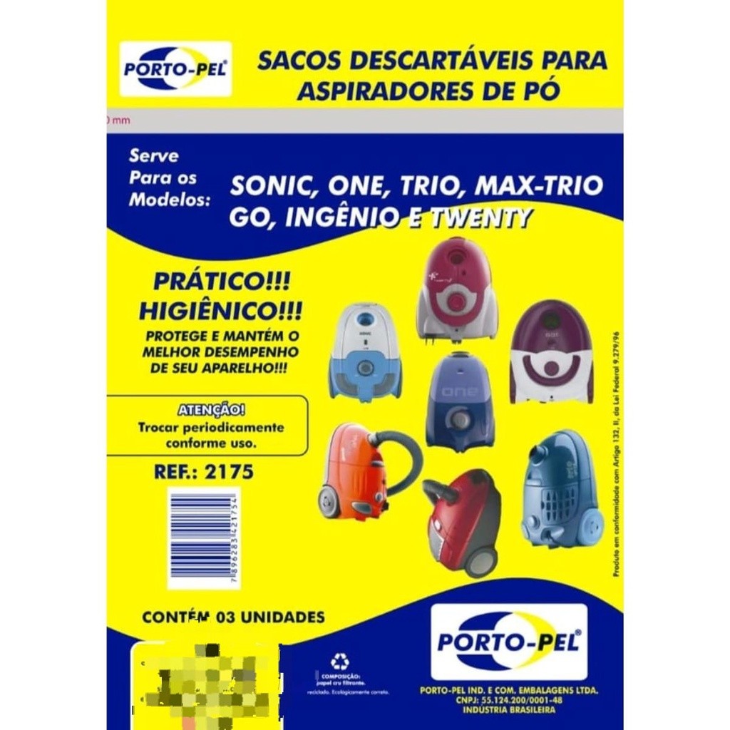 SACO ASPIRADOR DE PÓ PARA ONE, SONIC, MAX TRIO, GO, INGENIO, TWENTY C/3 UNIDADES