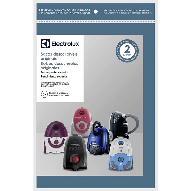 Kit c/ 3 Sacos Originais p/ Aspiradores Electrolux: One, Trio, Max Trio, Go! (SBEON)
