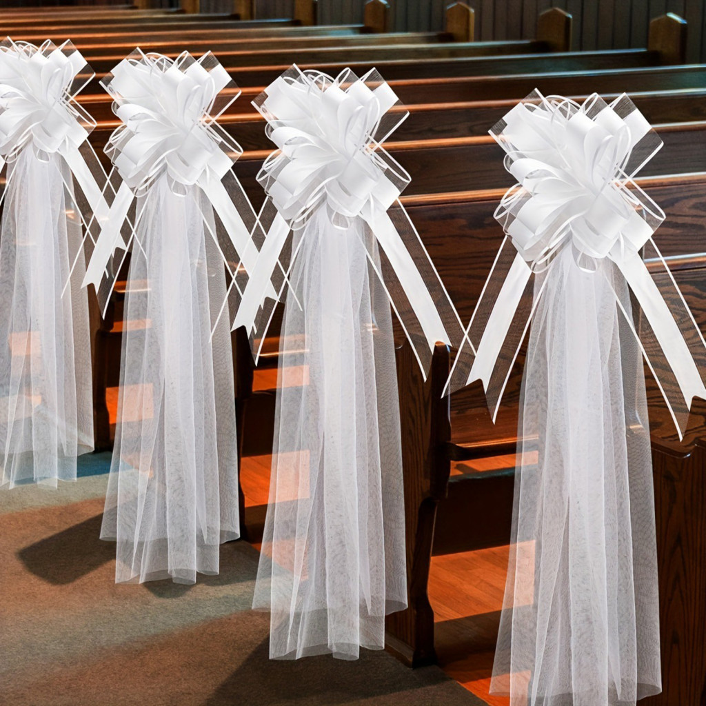 Photo Background Decor Elements Dreamy Wedding Atmosphere Enhancers 4pcs White Pew Bows Tulle Chair Decorations for Chur