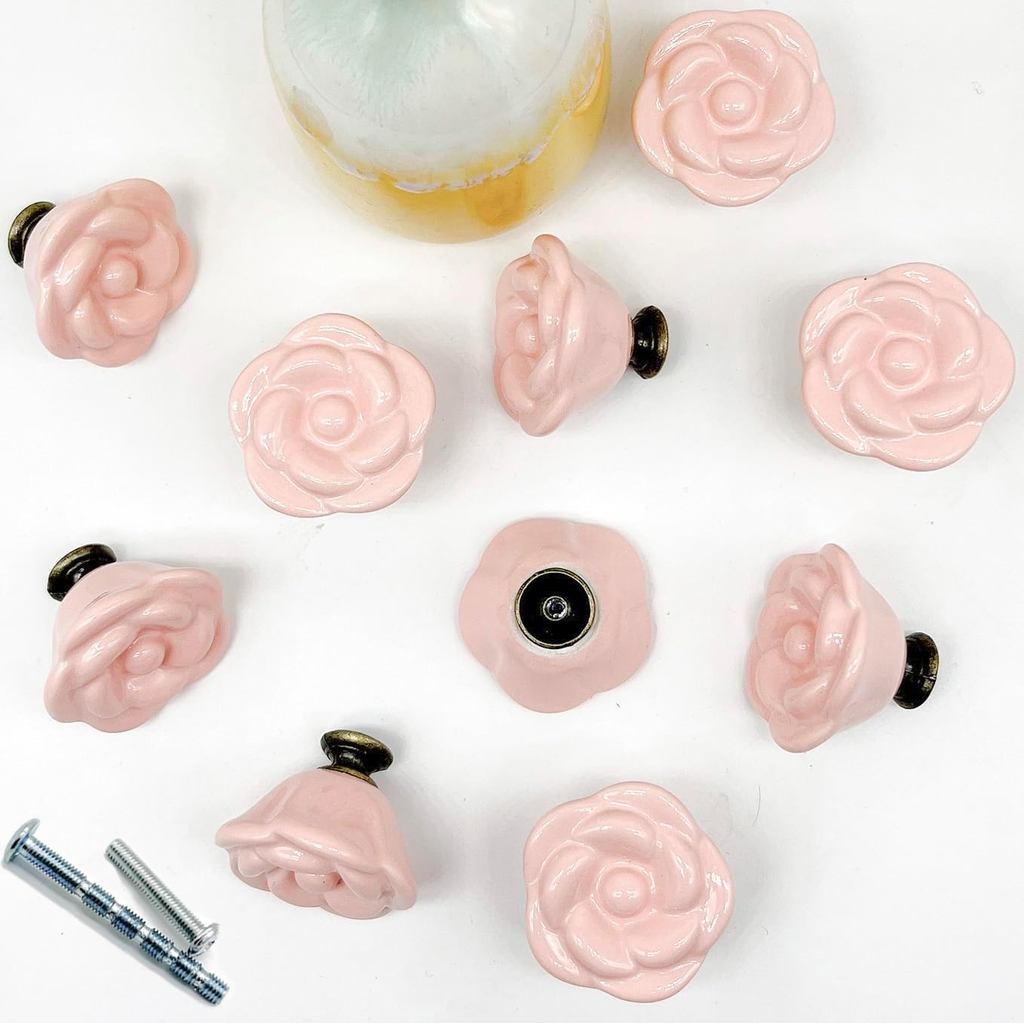 Porcelain Flowers Knobs - Pink Rose Handles - 10Pcs Pink Ceramic Dresser Rose Knobs - Exquisite Flower Pulls for Cabinet