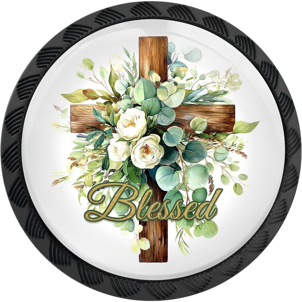 4 Pack Blessed Cross with Green Sage Eucalyptus Flowers Cabinet Knobs Round Drawer Pulls Cross Knob Cupboard Door Handle