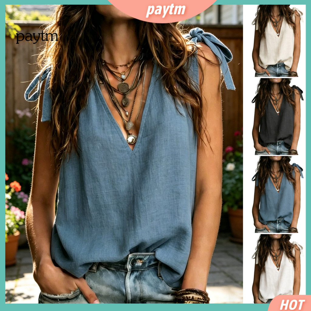 Tunic Blouse Women Tops Women’s V-neck Bohemian Tie Detail Lace-up Top Soft Fabric Solid Color Shirt for Summer Lightw