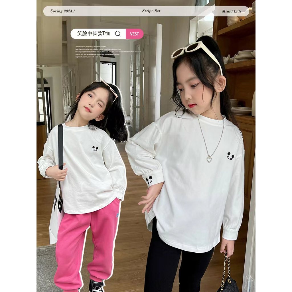 Mini Dan meninas versão coreana camiseta de manga comprida 2026 primavera outono novo estilo médio grande crianças estil
