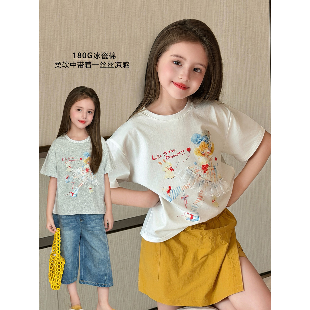 Mini Dan Roupas Infantis Meninas Desenhos Animados Camiseta de Manga Curta 2026 Verão Novo Estilo Médio Grande Crianças