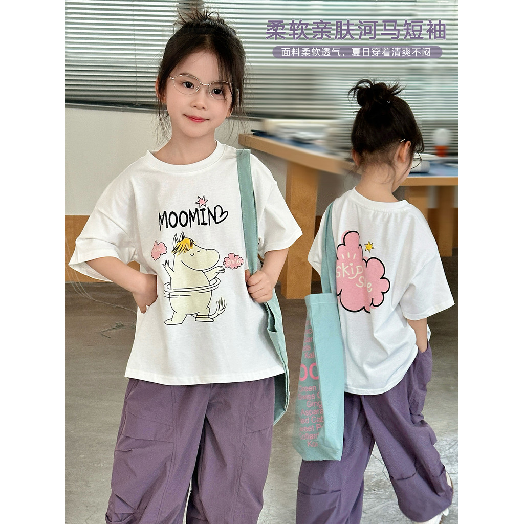 Mini Dan Roupas Infantis Meninas Desenhos Animados Camiseta de Manga Curta 2026 Verão Novo Estilo Médio Grande Crianças
