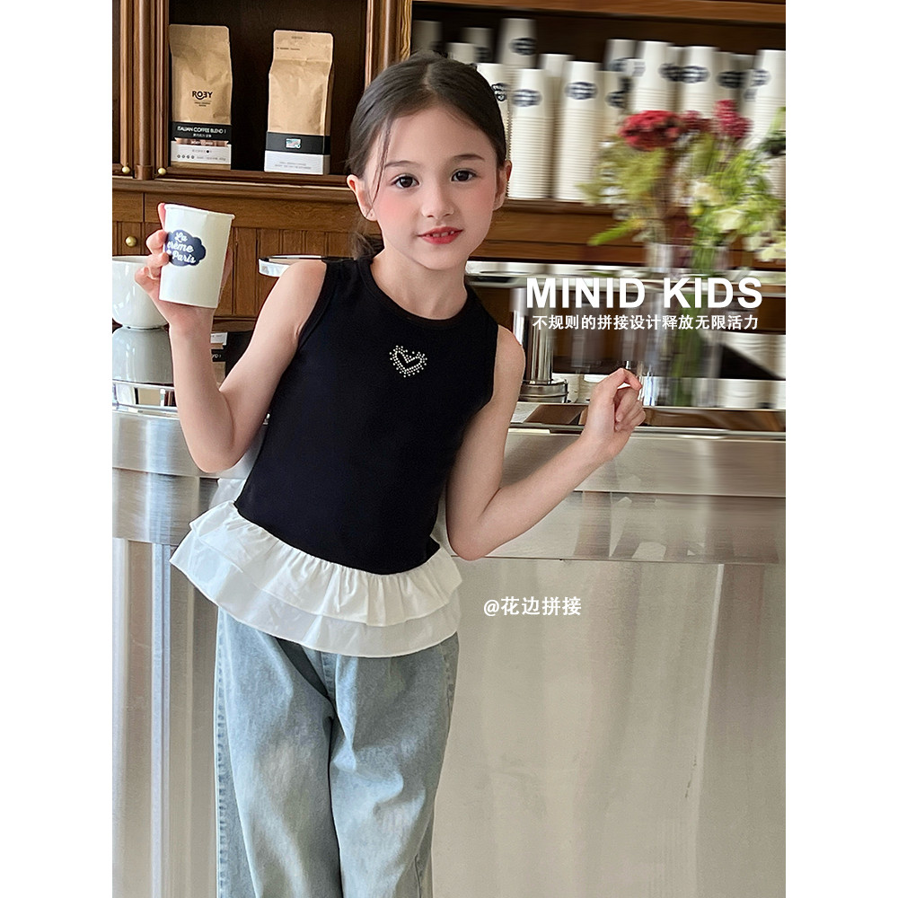Mini Dan roupas infantis meninas camiseta de manga curta 2026 verão novo estilo médio grande crianças simples costura re