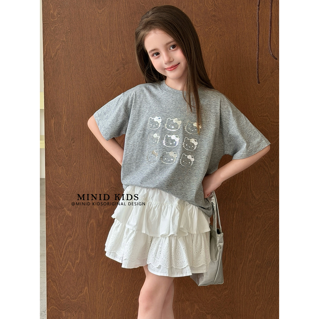 Mini Dan roupas infantis meninas kt gato camiseta de manga curta 2026 verão novo estilo médio grande crianças versão cor
