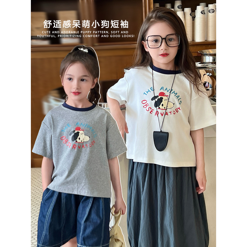 Mini Dan Roupas Infantis Meninas Camiseta de Manga Curta 2026 Verão Novo Estilo Médio Grande Crianças Moda Gola Bloquead