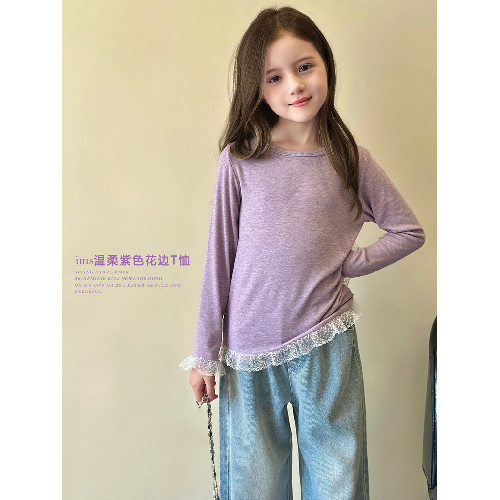 Mini Dan roupas infantis meninas camiseta de manga comprida 2026 primavera outono novo estilo médio grande crianças leve