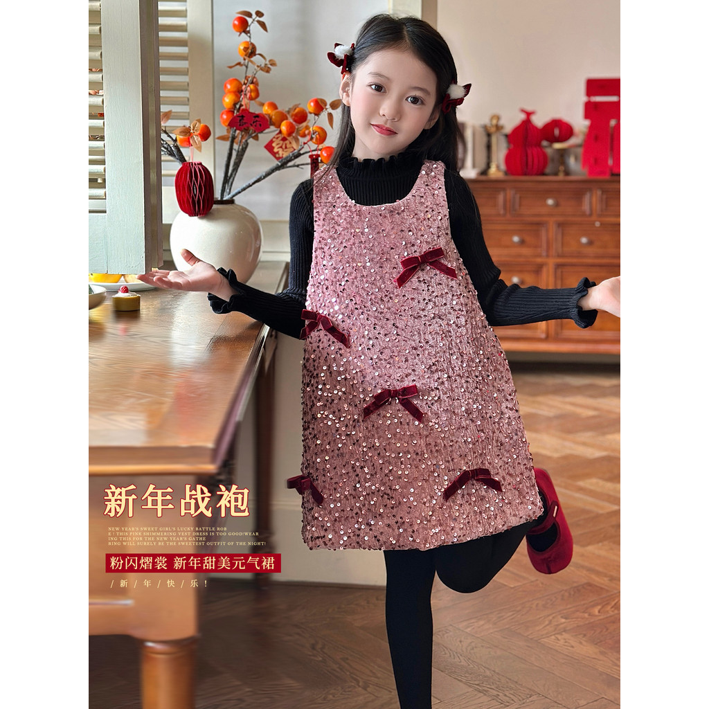 Mini Dan roupas infantis meninas vestido de inverno novo estilo médio grande crianças temperamento arco lantejoulas cole