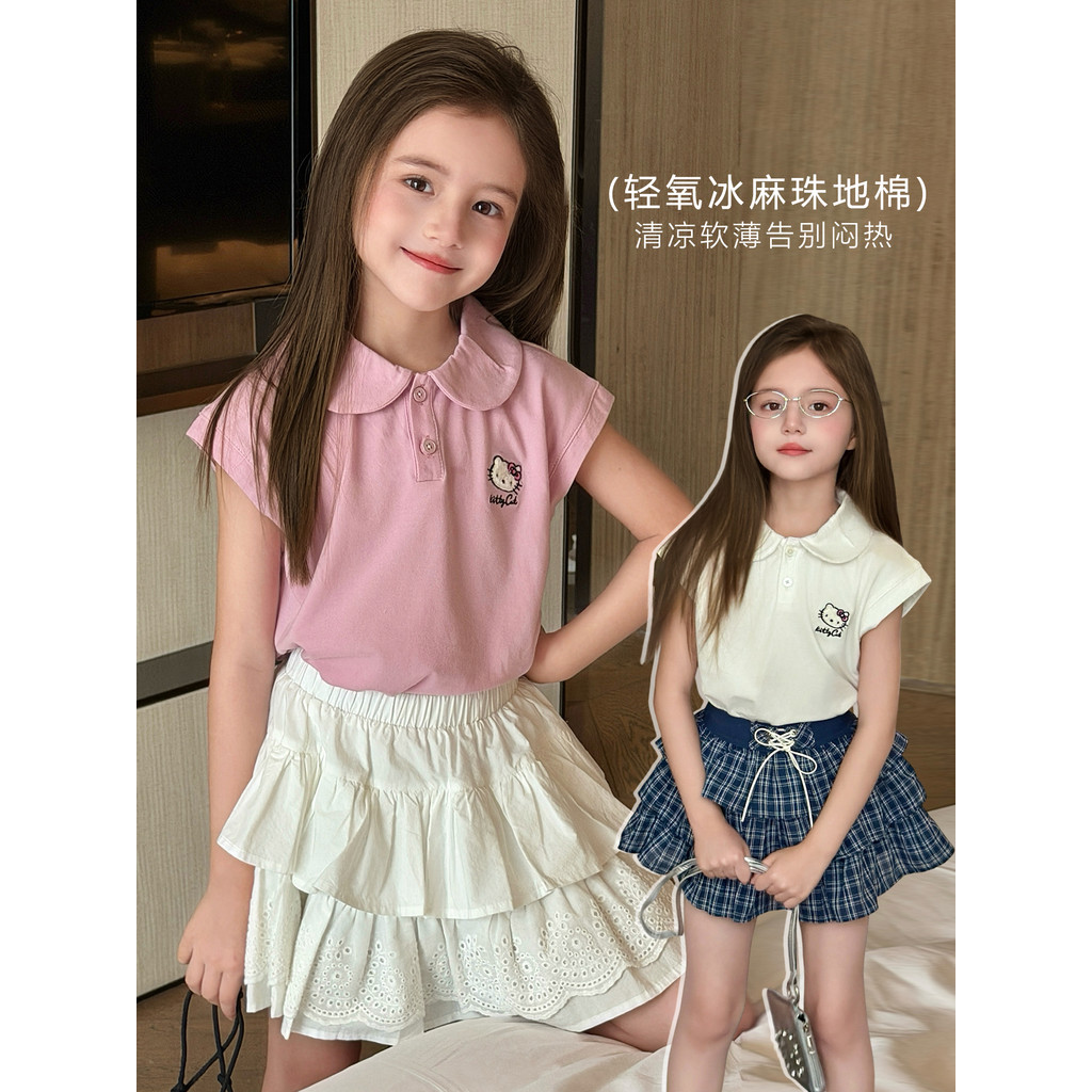 Mini Dan roupas infantis meninas verão camisa polo 2026 novo estilo médio grande crianças kt gato crianças sem mangas re