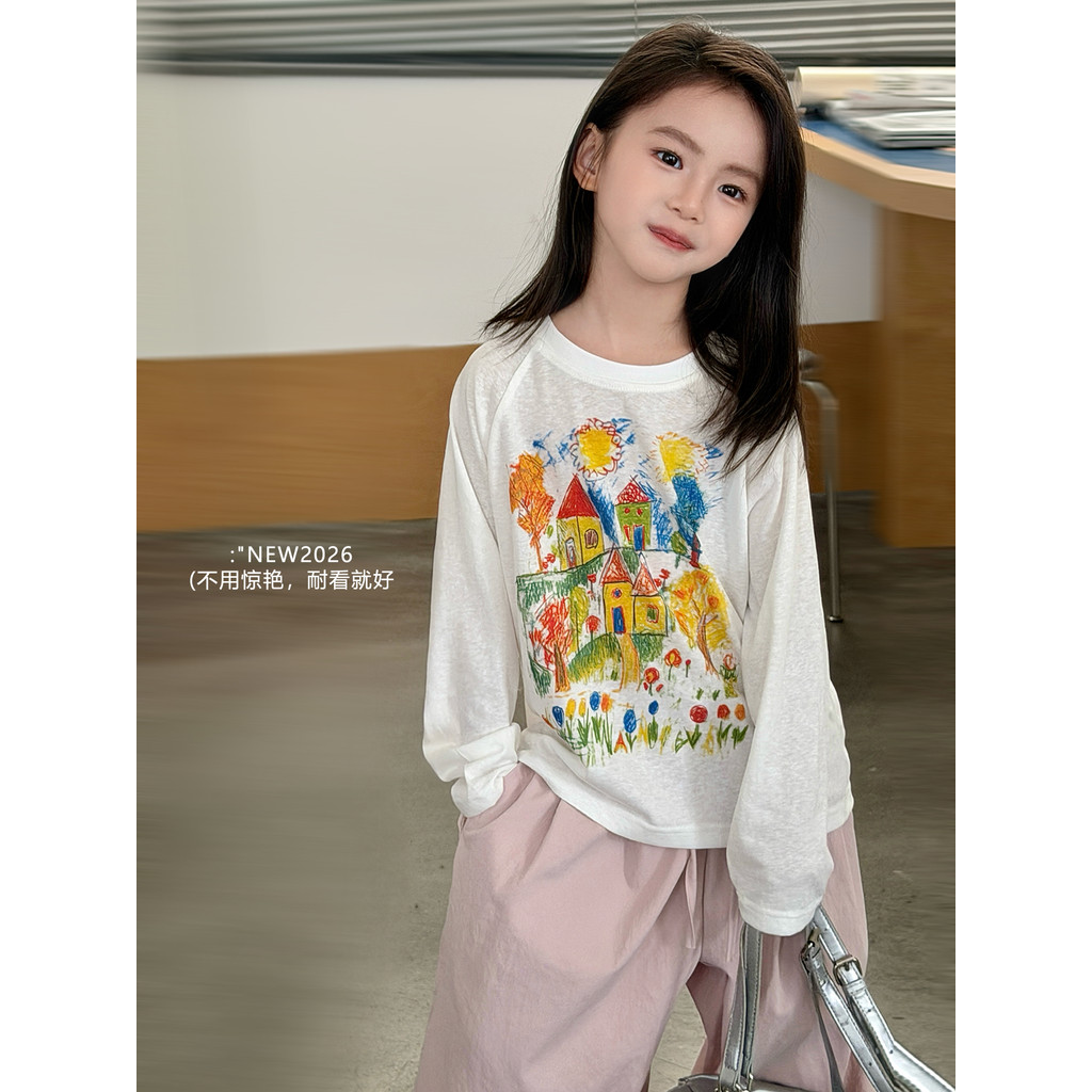 Mini Dan roupas infantis meninas Graffiti colorido topos 2026 verão novo estilo leve médio grande crianças respirável to
