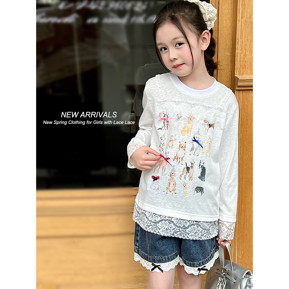 Mini Dan Roupas Infantis Meninas Camiseta de Manga Comprida 2026 Verão Novo Estilo Médio Grande Crianças Finas Guarnição