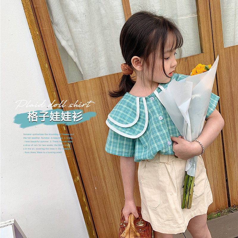 Mini Dan verão novo estilo influenciador menina xadrez camisa do bebê versão coreana camisa grande lapela camisa da meni