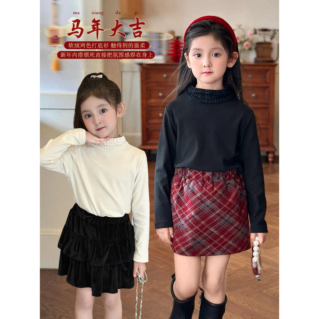 Mini Dan Roupas Infantis Meninas Camiseta de Manga Comprida Inverno Novo Estilo Médio Grande Temperamento Infantil Gola