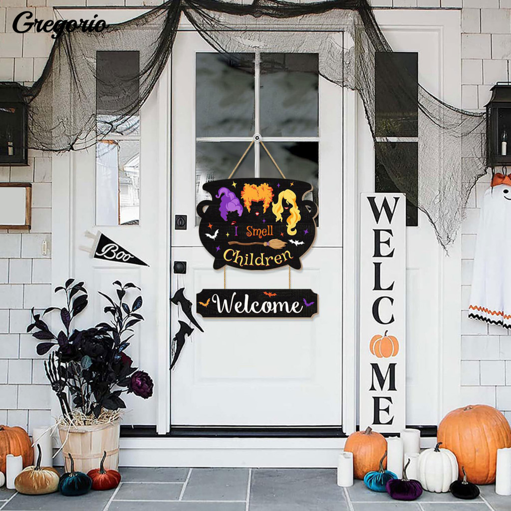 Halloween Wooden Hanging Sign Outdoor Garden Festive Ornament Welcome for Front Door Waterproof Witch Cauldron Plaque wi